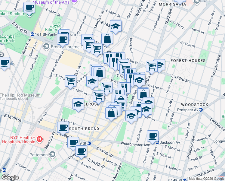 map of restaurants, bars, coffee shops, grocery stores, and more near 3103 Third Avenue in Bronx