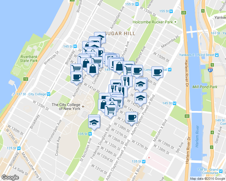 map of restaurants, bars, coffee shops, grocery stores, and more near 655 Saint Nicholas Avenue in New York City