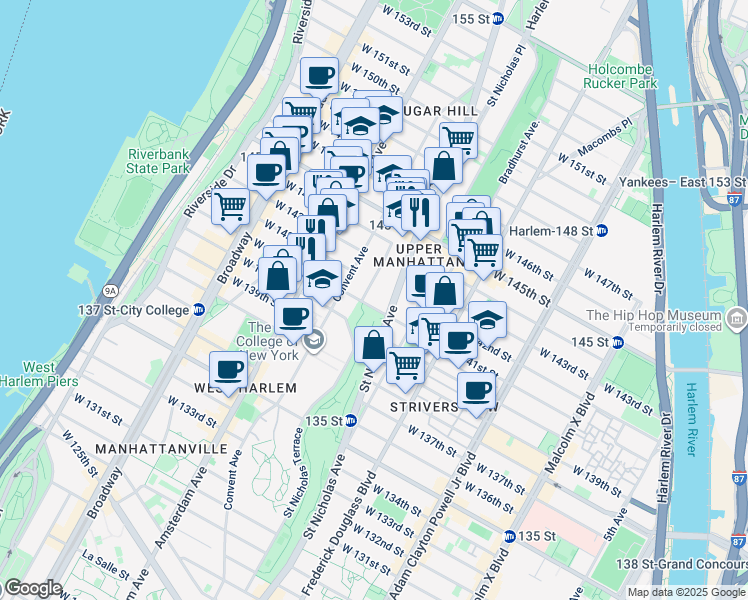 map of restaurants, bars, coffee shops, grocery stores, and more near 18 Hamilton Terrace in New York
