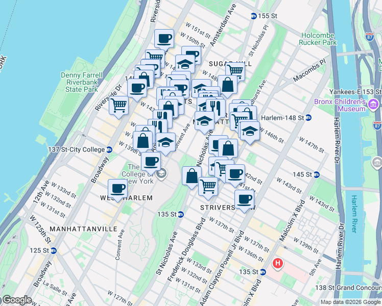 map of restaurants, bars, coffee shops, grocery stores, and more near 18 Hamilton Terrace in New York