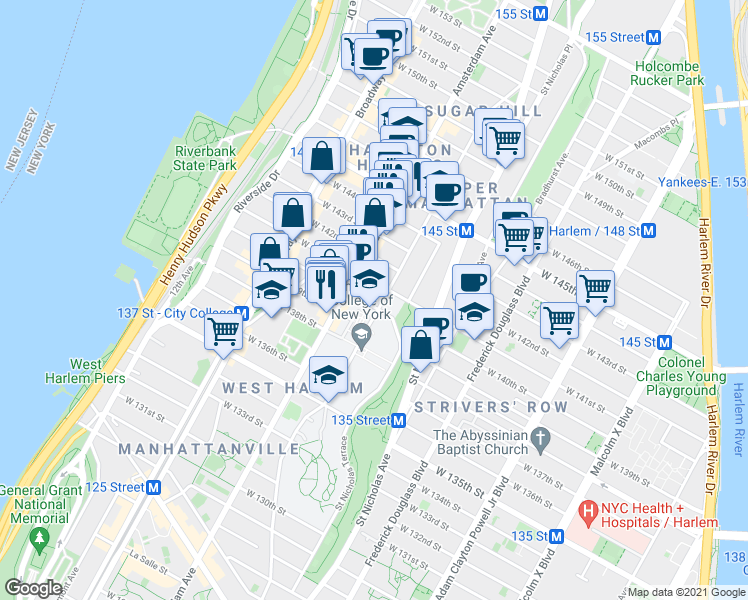 map of restaurants, bars, coffee shops, grocery stores, and more near in New York