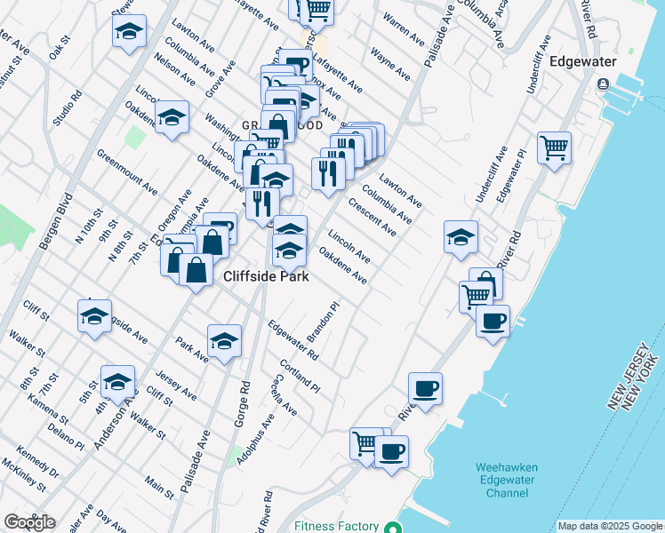 map of restaurants, bars, coffee shops, grocery stores, and more near 83 Oakdene Avenue in Cliffside Park