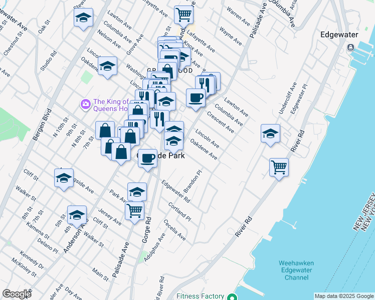 map of restaurants, bars, coffee shops, grocery stores, and more near 575 Palisade Avenue in Cliffside Park