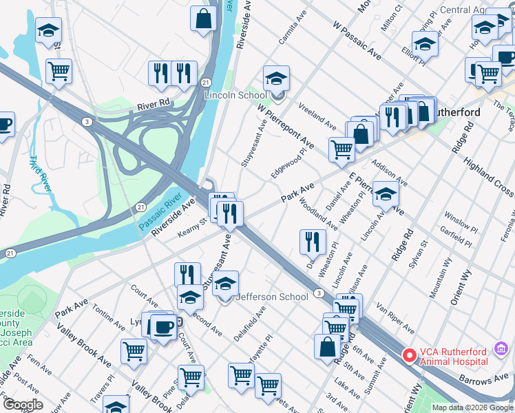 map of restaurants, bars, coffee shops, grocery stores, and more near 470 Edgewood Place in Rutherford