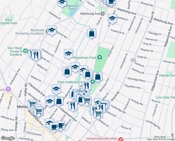 map of restaurants, bars, coffee shops, grocery stores, and more near 209 North Fullerton Avenue in Montclair