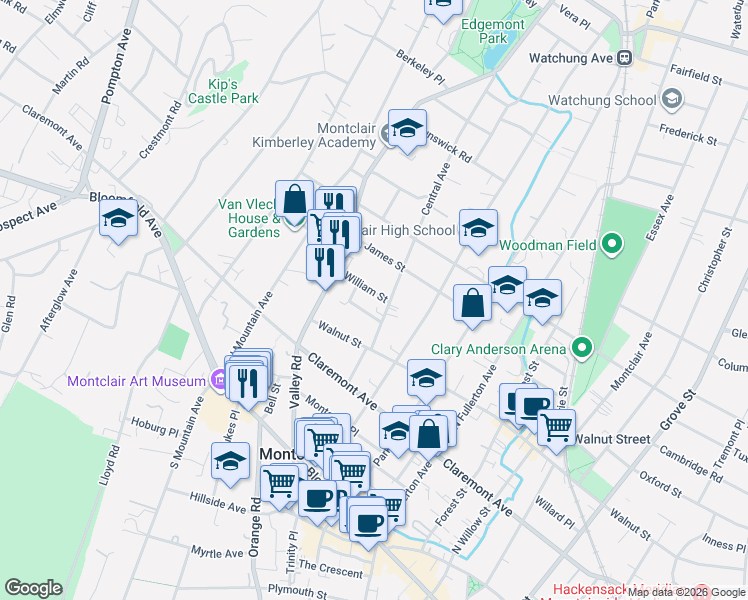 map of restaurants, bars, coffee shops, grocery stores, and more near 26 William Street in Montclair
