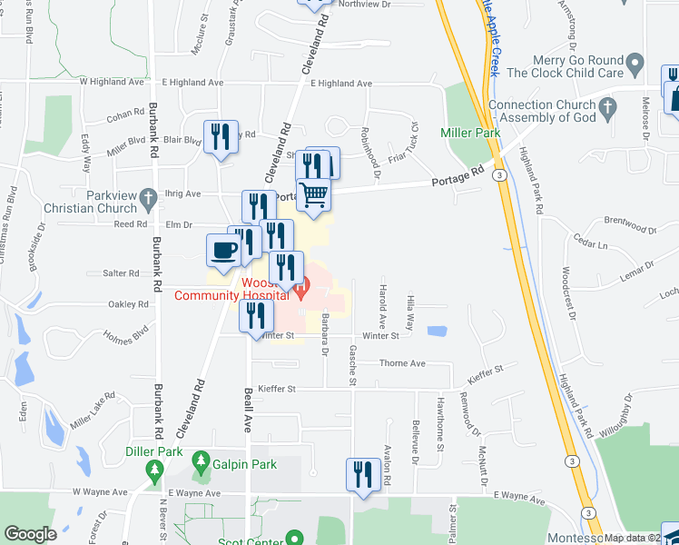 map of restaurants, bars, coffee shops, grocery stores, and more near 1782 Gasche Street in Wooster