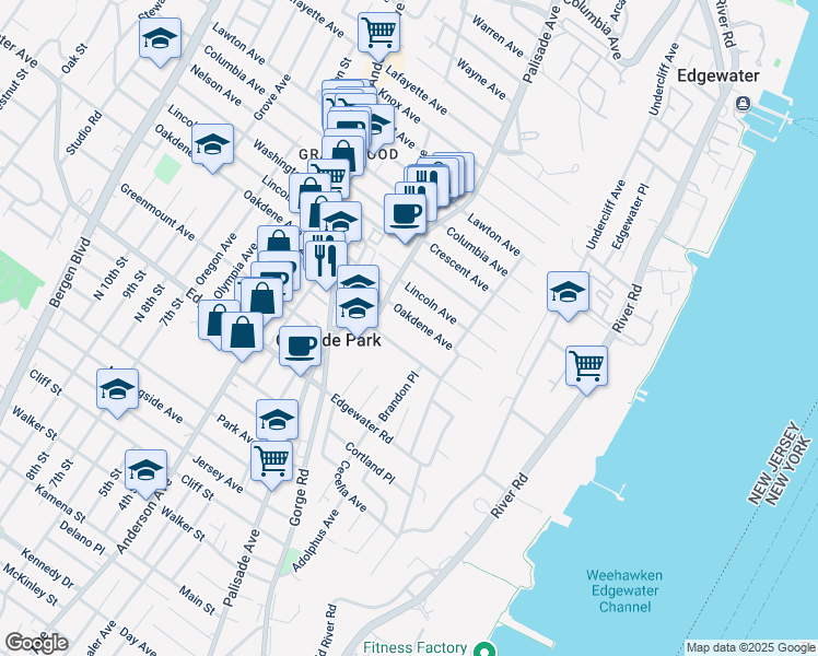 map of restaurants, bars, coffee shops, grocery stores, and more near 83 Oakdene Avenue in Cliffside Park