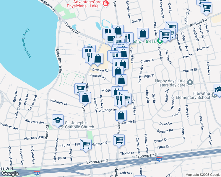 map of restaurants, bars, coffee shops, grocery stores, and more near 7 Carlson Road in Lake Ronkonkoma