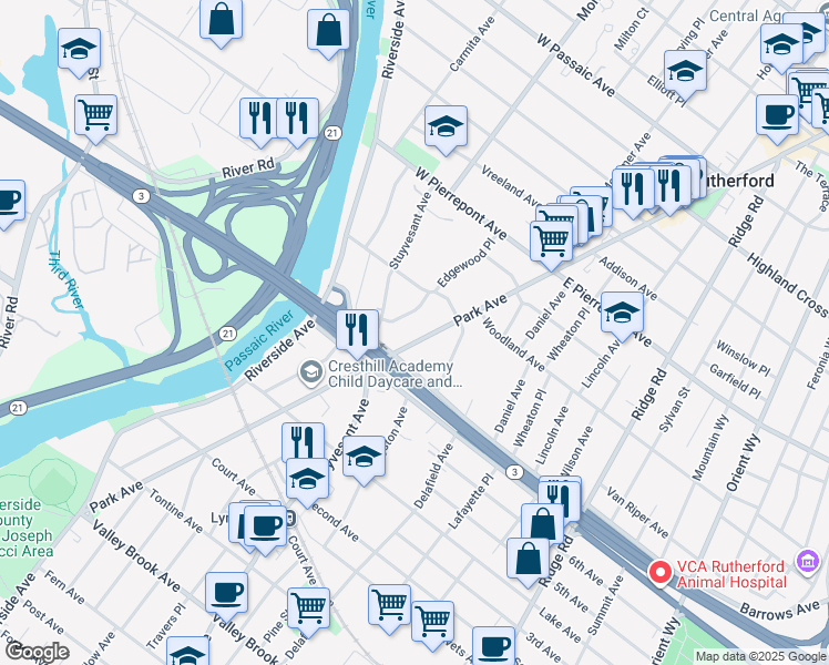 map of restaurants, bars, coffee shops, grocery stores, and more near 470 Edgewood Place in Rutherford
