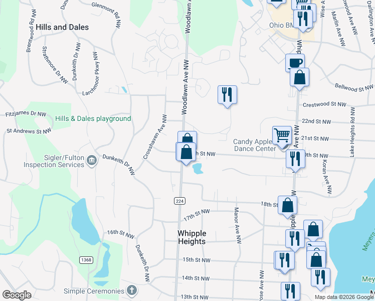 map of restaurants, bars, coffee shops, grocery stores, and more near 2000 Woodlawn Avenue Northwest in Canton