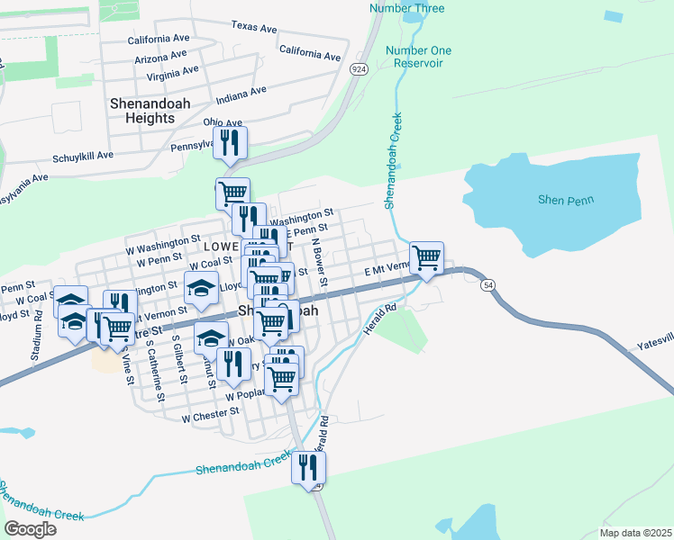 map of restaurants, bars, coffee shops, grocery stores, and more near 222 East Lloyd Street in Shenandoah