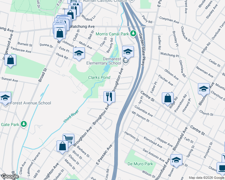 map of restaurants, bars, coffee shops, grocery stores, and more near 416 Broughton Avenue in Bloomfield