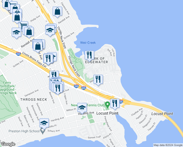 map of restaurants, bars, coffee shops, grocery stores, and more near 4 Edgewater Park in Bronx