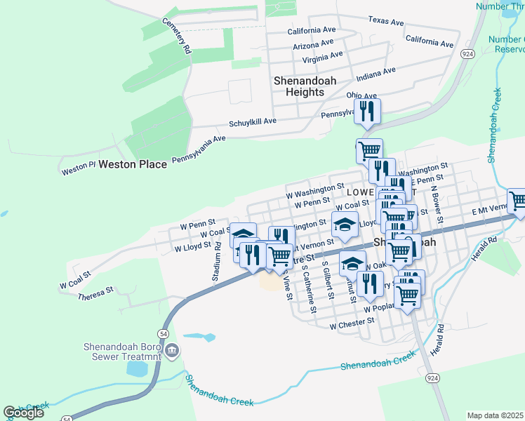 map of restaurants, bars, coffee shops, grocery stores, and more near 613 West Penn Street in Shenandoah