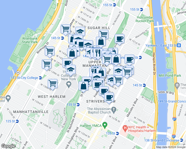 map of restaurants, bars, coffee shops, grocery stores, and more near 149 Edgecombe Avenue in New York