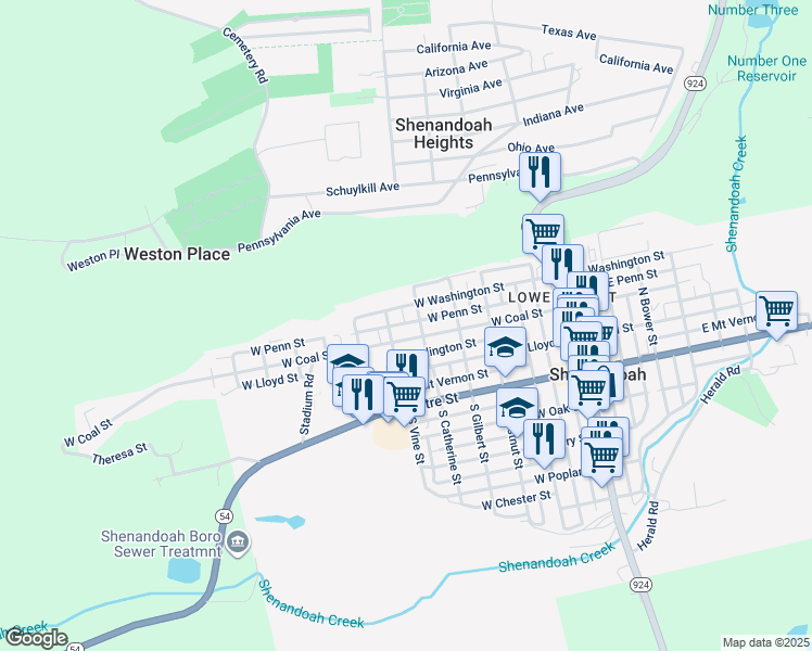 map of restaurants, bars, coffee shops, grocery stores, and more near 514 West Penn Street in Shenandoah