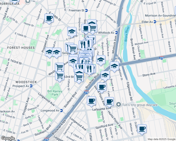 map of restaurants, bars, coffee shops, grocery stores, and more near 982 Southern Boulevard in Bronx