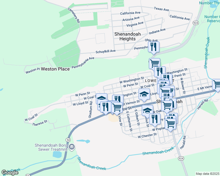 map of restaurants, bars, coffee shops, grocery stores, and more near 611 West Penn Street in Shenandoah