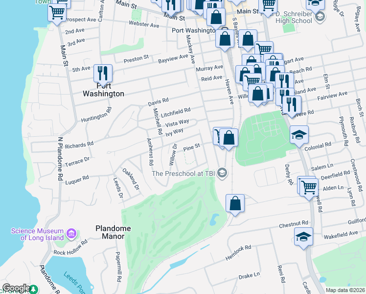 map of restaurants, bars, coffee shops, grocery stores, and more near 157 Luquer Road in Port Washington