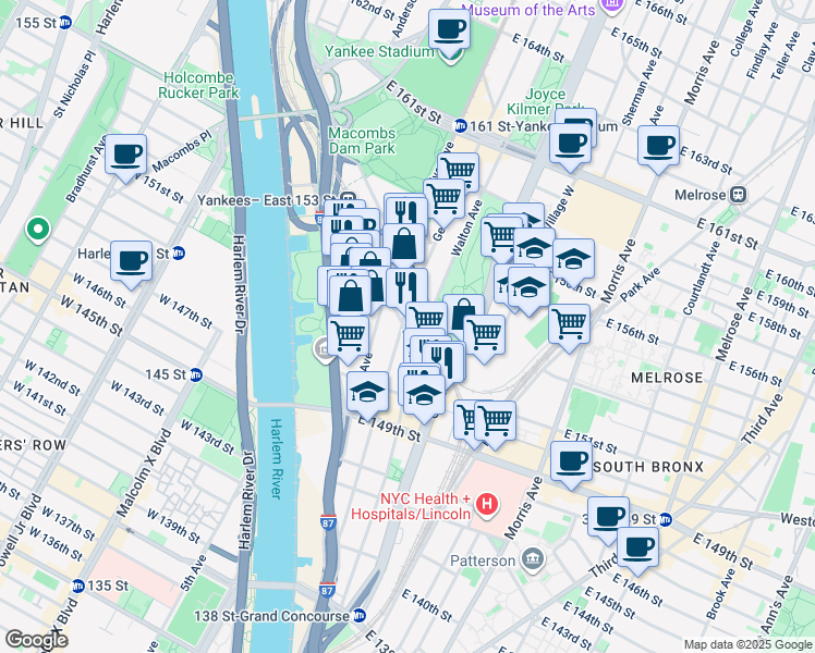 map of restaurants, bars, coffee shops, grocery stores, and more near 131 East 151st Street in The Bronx