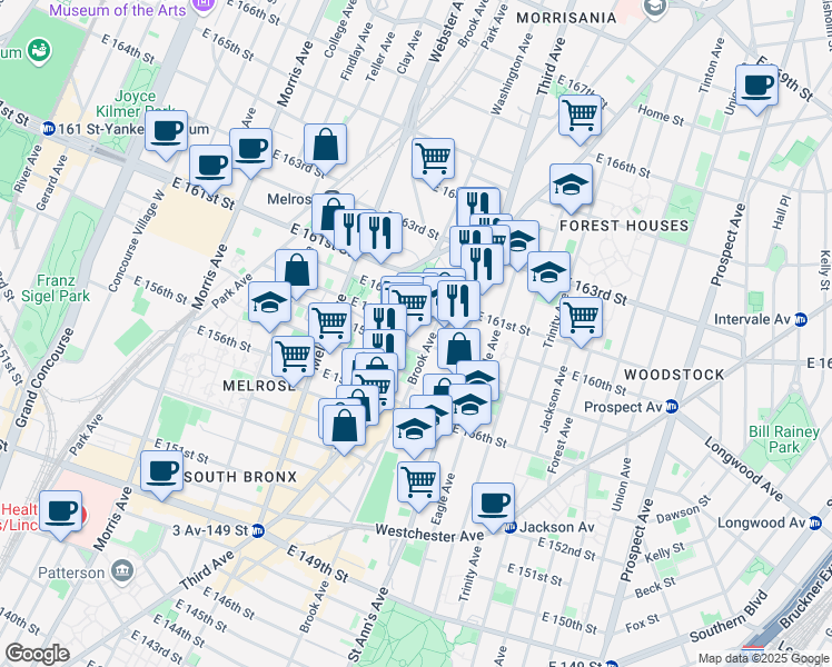map of restaurants, bars, coffee shops, grocery stores, and more near 830 Washington Avenue in Bronx