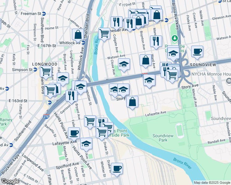 map of restaurants, bars, coffee shops, grocery stores, and more near 953 Colgate Avenue in Bronx