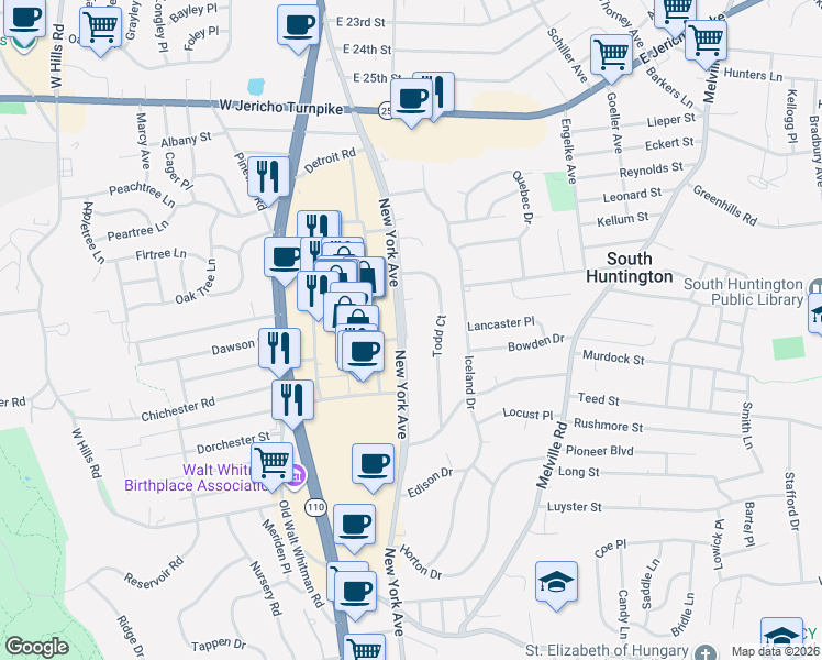 map of restaurants, bars, coffee shops, grocery stores, and more near 4 Stuart Court in Huntington Station