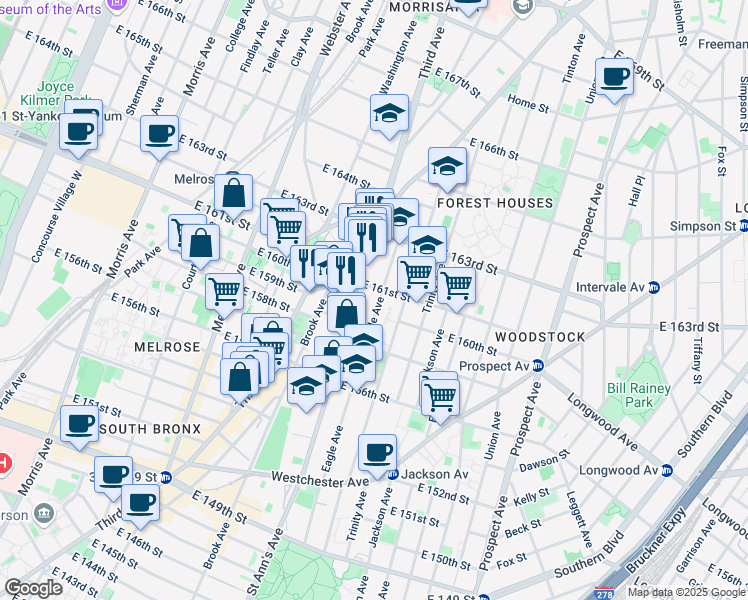 map of restaurants, bars, coffee shops, grocery stores, and more near 867 Eagle Avenue in The Bronx