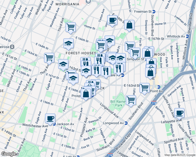 map of restaurants, bars, coffee shops, grocery stores, and more near 840 East 163rd Street in The Bronx