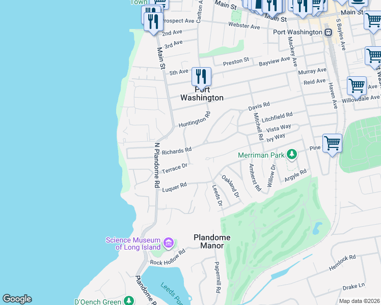 map of restaurants, bars, coffee shops, grocery stores, and more near 119 Huntington Road in Port Washington