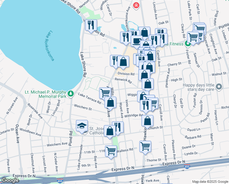 map of restaurants, bars, coffee shops, grocery stores, and more near 32 Carlson Road in Lake Ronkonkoma