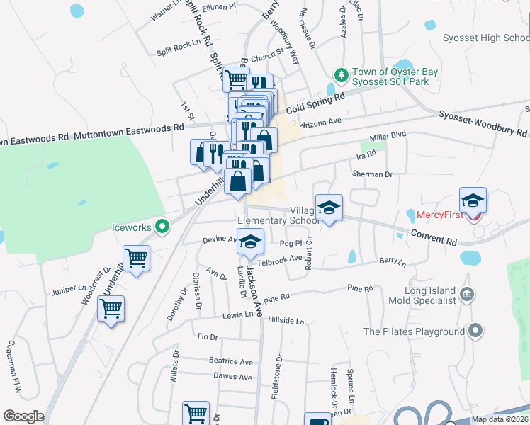map of restaurants, bars, coffee shops, grocery stores, and more near 131 Jackson Avenue in Syosset