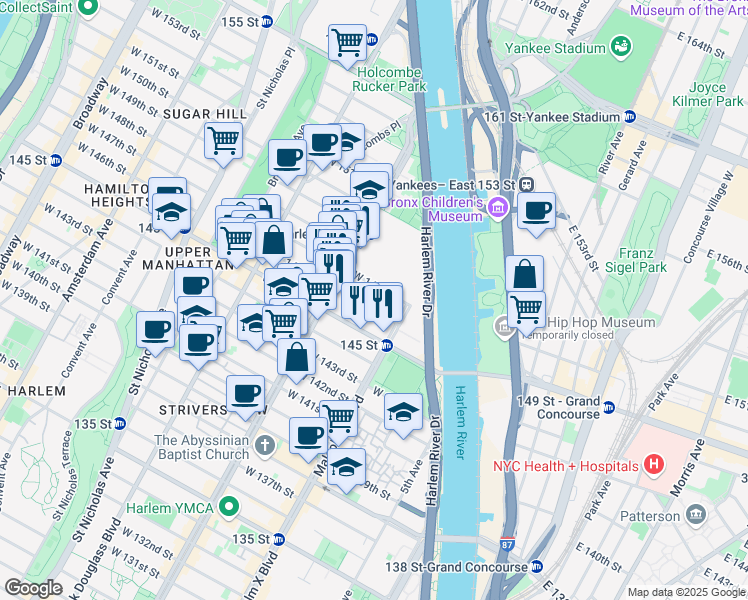 map of restaurants, bars, coffee shops, grocery stores, and more near 147 West 147th Street in New York