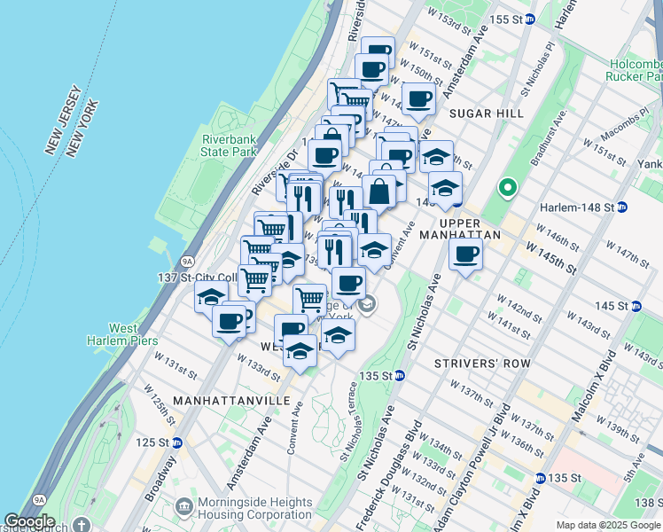 map of restaurants, bars, coffee shops, grocery stores, and more near 61 Hamilton Place in New York