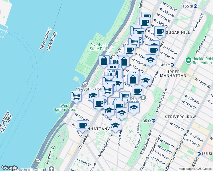 map of restaurants, bars, coffee shops, grocery stores, and more near 611 West 138th Street in New York