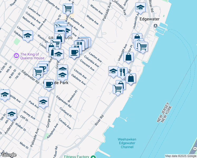 map of restaurants, bars, coffee shops, grocery stores, and more near 634 Hudson Terrace in Cliffside Park