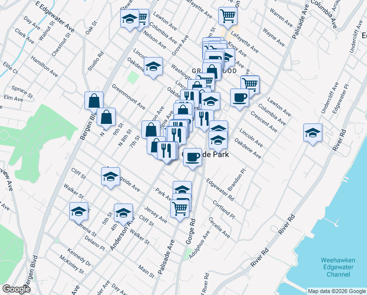 map of restaurants, bars, coffee shops, grocery stores, and more near 513 Anderson Avenue in Cliffside Park