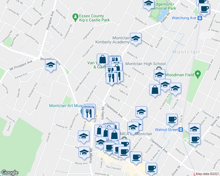 map of restaurants, bars, coffee shops, grocery stores, and more near 136 Valley Road in Montclair
