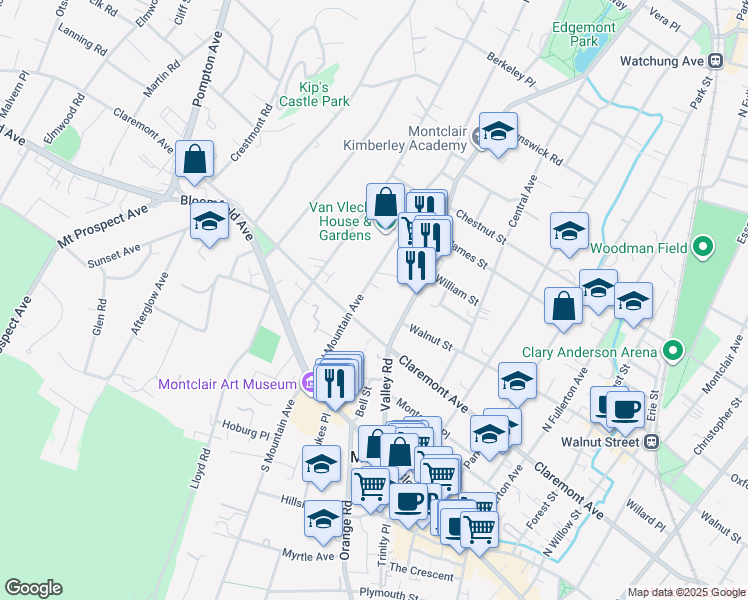 map of restaurants, bars, coffee shops, grocery stores, and more near 55 North Mountain Avenue in Montclair
