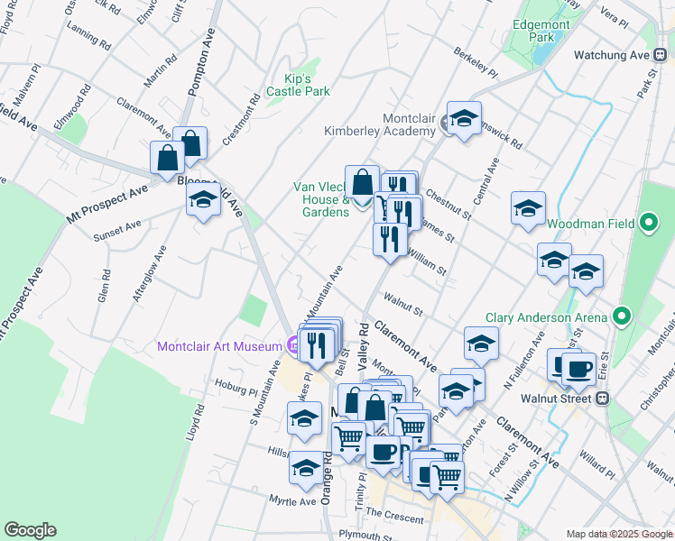 map of restaurants, bars, coffee shops, grocery stores, and more near 361 Claremont Avenue in Montclair
