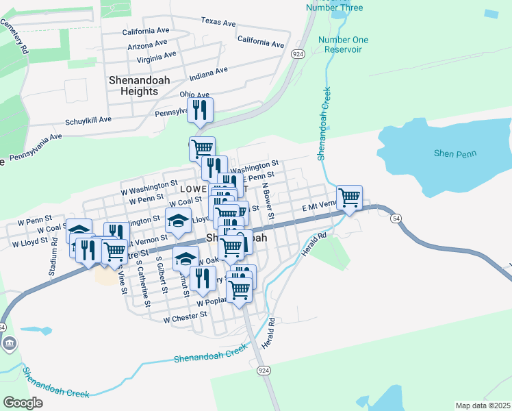 map of restaurants, bars, coffee shops, grocery stores, and more near 133 North White Street in Shenandoah
