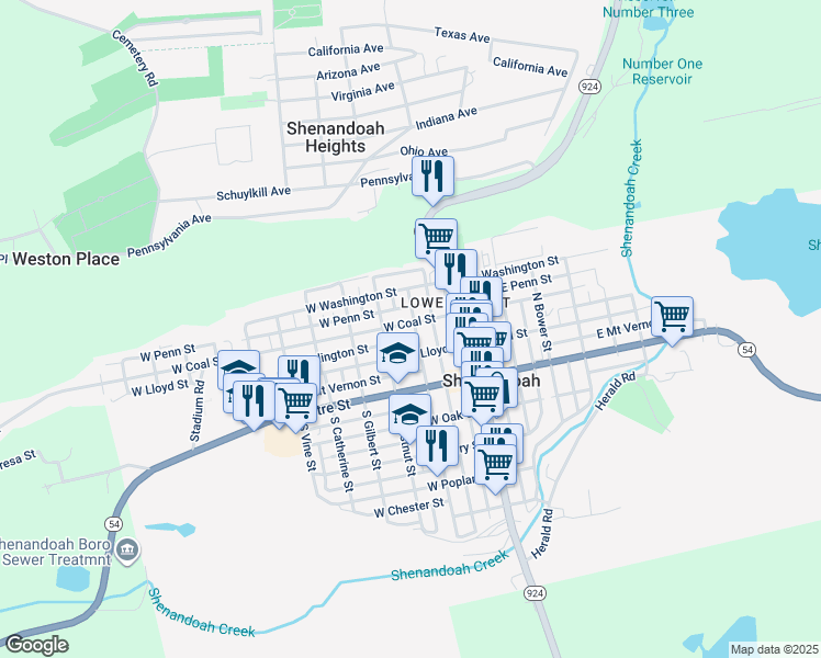 map of restaurants, bars, coffee shops, grocery stores, and more near 204 West Coal Street in Shenandoah