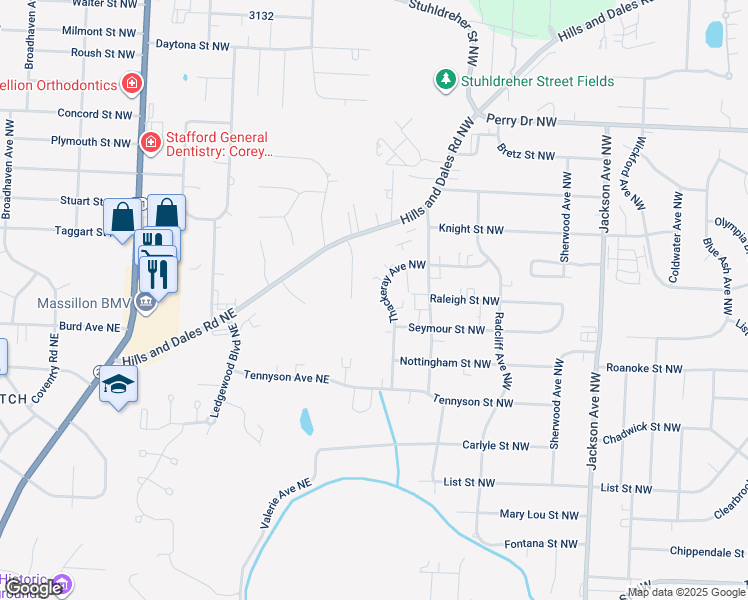 map of restaurants, bars, coffee shops, grocery stores, and more near 2830 Thackeray Avenue Northwest in Massillon