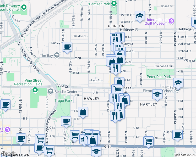 map of restaurants, bars, coffee shops, grocery stores, and more near 2335 W Street in Lincoln
