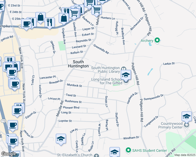 map of restaurants, bars, coffee shops, grocery stores, and more near 7 Congress Drive in Huntington Station