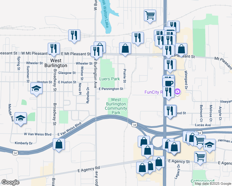 map of restaurants, bars, coffee shops, grocery stores, and more near 701 East Pennington Street in West Burlington