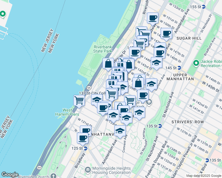 map of restaurants, bars, coffee shops, grocery stores, and more near 611 West 138th Street in New York