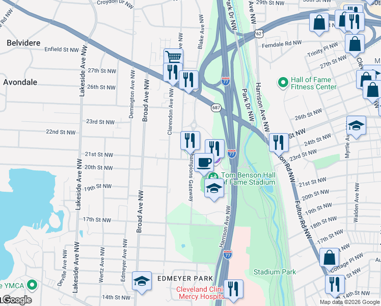 map of restaurants, bars, coffee shops, grocery stores, and more near 2111 Blake Avenue Northwest in Canton