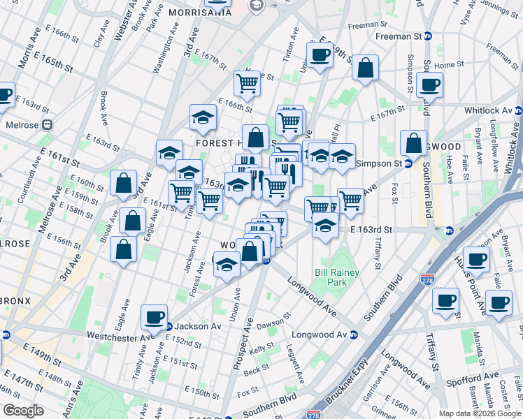 map of restaurants, bars, coffee shops, grocery stores, and more near 896 Union Avenue in The Bronx